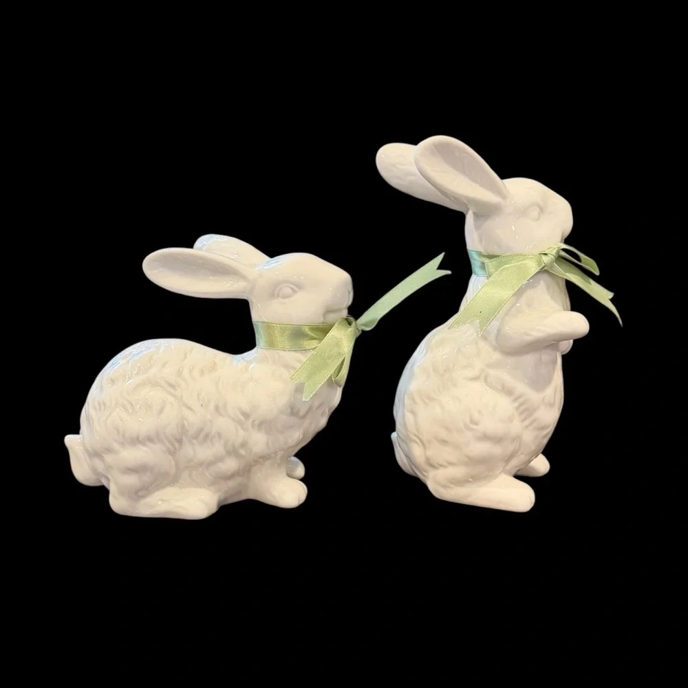 Vtg Pair of White Ceramic Bunny Figurines w/Green Bows-Spring - Picture 1 of 8